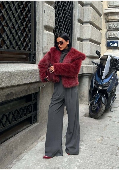 Glammoss L'atelier Kabarık Yaka Kürk Ceket Glm-579 Bordo Bordo