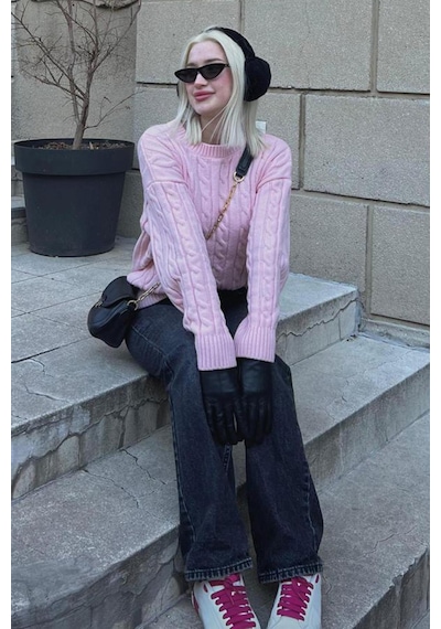 Madmext Pembe Balıkçı Yaka Örgülü Triko Kazak Mg2336 Pembe