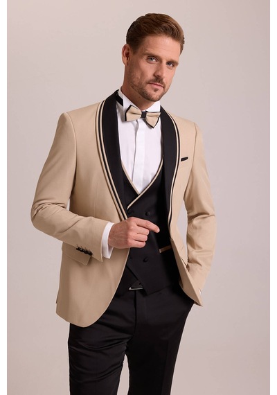 Ysf Erkek Bej Slim Fit Şal Yaka Yelekli Damatlık