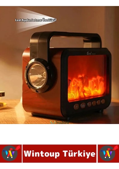 Premium Retro Dekoratif Ahşap Görünüm Led Nostaljik Şömine Tasarımlı Solar Şarjlı Bluetooth Hoparlör