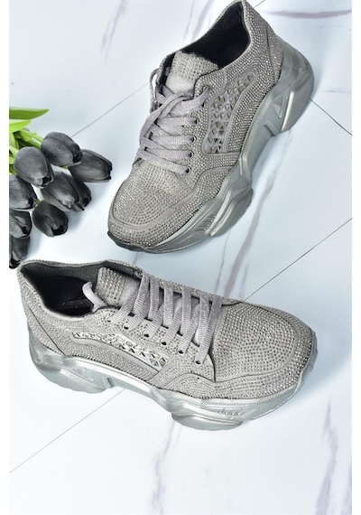 Fox Shoes Platin Metal Taş Detaylı Kadın Spor Ayakkabı M444302814 Platin