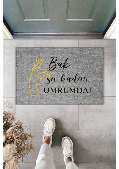 Rugmood Modern Dijital Baskı - Bak Şu Kadar Umrumda Yazılı - Kapı Önü Paspası Gri