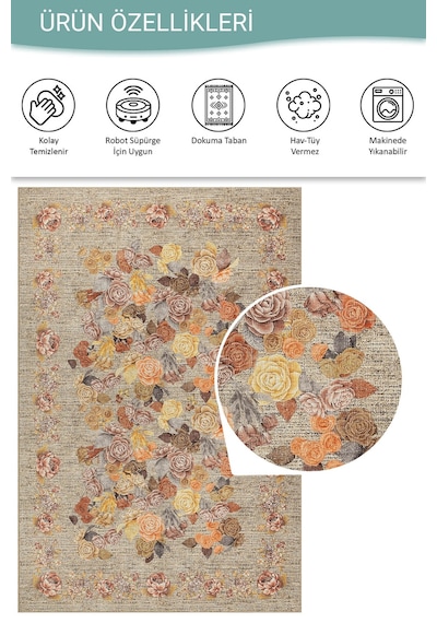 Florart Bej / Sarı Vintage Dokulu Çiçek Desenli Dokuma Tabanlı Şönil Halı Al 471 Bej - Sarı