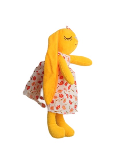 İthal Kumaş Uzun Kulaklı Renkli Kıyafetli Sevimli Tavşan Peluş Oyuncak Uyku & Oyun Arkadaşı 30 Cm. Sarı