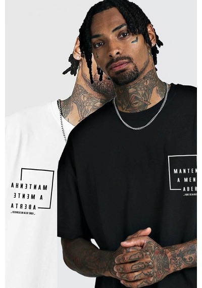 2'li Siyah Beyaz - Unisex Oversize Yaka Mantenha Baskılı Örme T-shirt Siyah
