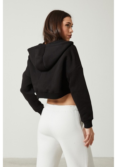 Twenty3 Kadın Basic Fermuarlı Kapüşonlu Crop Kalın İçi Polarlı Örme Sweatshirt 001