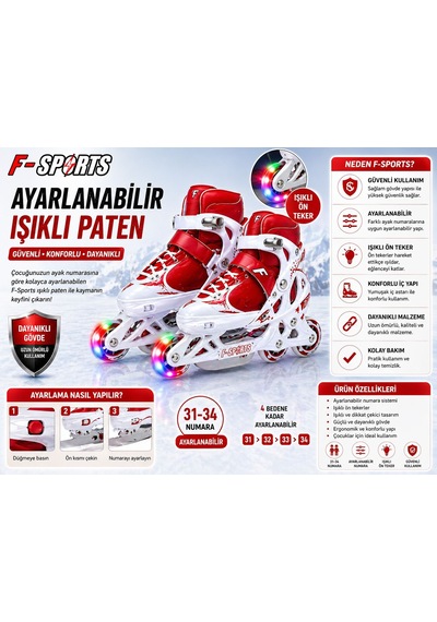 Ön Tekerler Led Işıklı Ayarlanabilir Çocuk Pateni Kırmızı 31-34