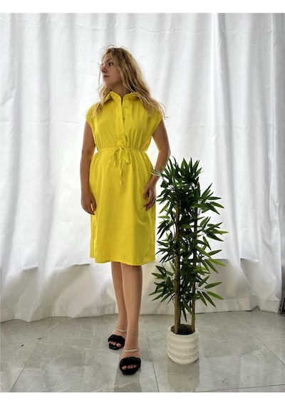 Simli Moda Kolsuz Önü Düğme Detaylı Sarı Elbise Sarı