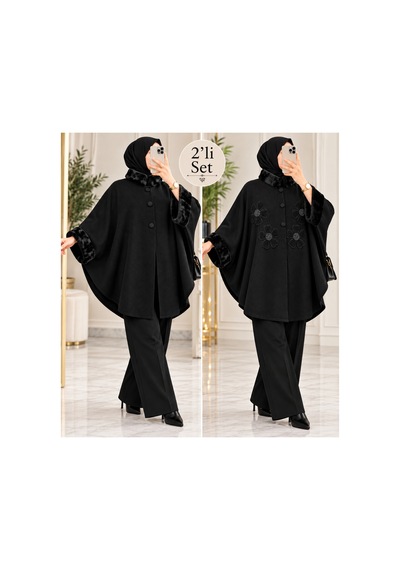 Genel Markalar Novea Scarf Premium 2 Li Set Kürklü Triko Panço Siyah - 942743086 Siyah