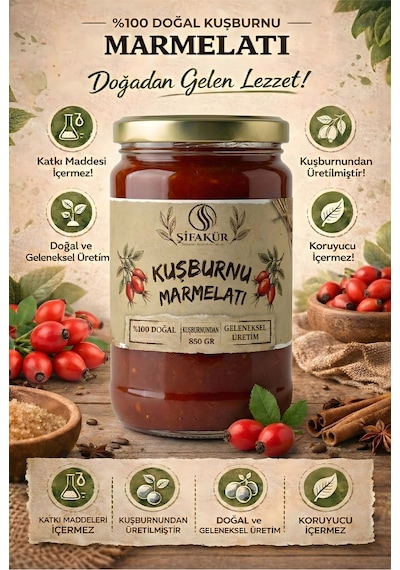 Şifakür Kuşburnu Marmelatı Katkısız Şeker İlavesiz Doğal Kahvaltılık 850g