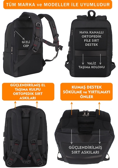 14"-15,6" İnç Körüklü Siyah Laptop Sırt Çantası Unisex Su Geçirmez Kumaş Siyah