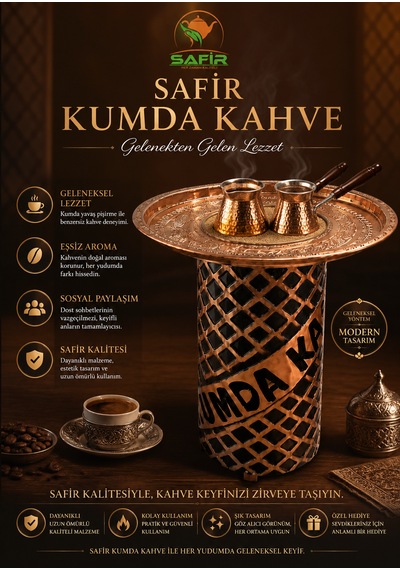 Safir Tabure Kumda Kahve Bakır Yüksek Boy Kumda Kahve Makinesi Bakır Tepsili Bakır Kumda Kahve Stand Safir Gold