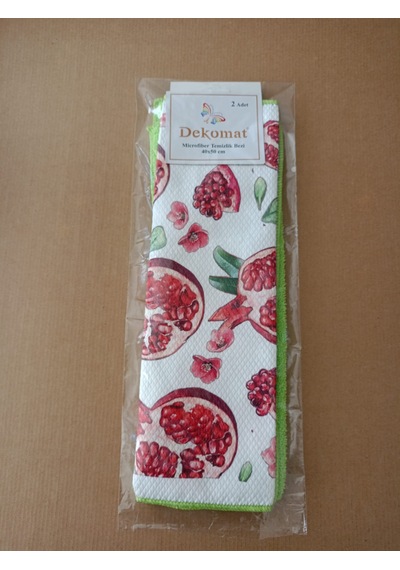 Microfiber Temizlik Bezi 40x50 Cm 2 Adet Nar Tanesi Bir Adet Baskılı Bir Adet Naturel Yeşil