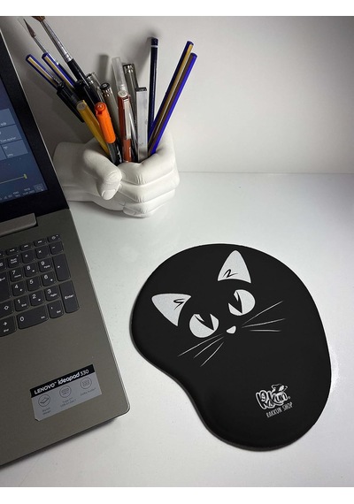 Lexroo Siyah Beyaz Kedi Baskılı Bilek Destekli Mouse Pad Standart