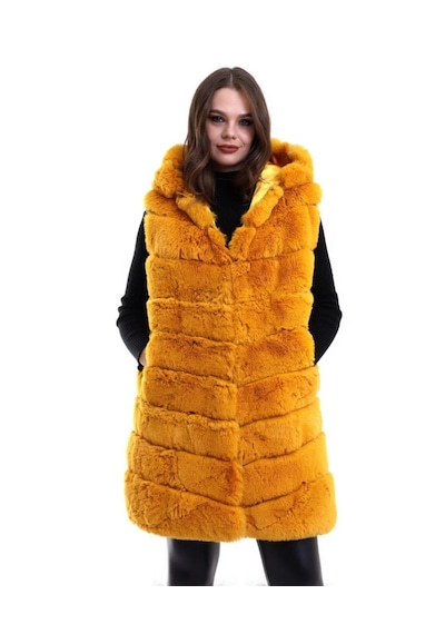 Dogutrend Kapşonlu Peluş Kürk Yelek Premium Kalite, Tam Astarlı, Uzun Model - Sarı