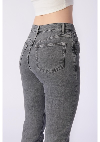 Claudia Mom Kalıp Düz Denim Pantolon-gri Gri