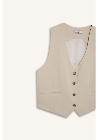 DeFacto 	V Yaka Keten Karışımlı Blazer Yelek E6209AX25SPBG286 Bej
