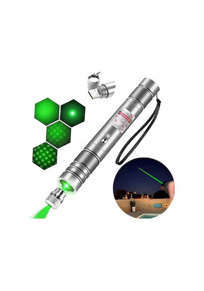 Profesyonel Yeşil Lazer - 10 Km Menzilli, Usb Şarjlı, Yıldız Başlıklı Astronomi Ve Kamp Lazeri Gri