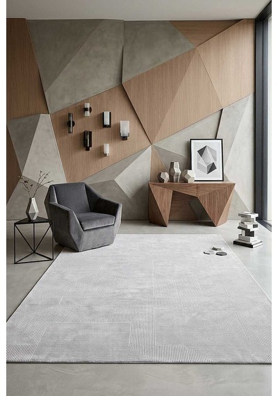 Geometrik Abstract Desenli Prato İpeksi Lüks Viskon Halı Pr04 Gri Krem-bej