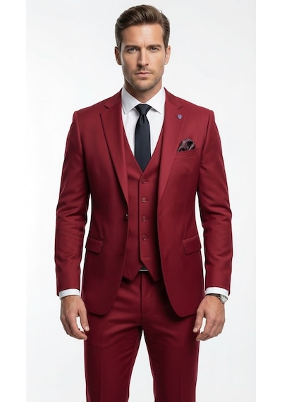 Erkek 3 Parça Slim Fit Takım Elbise Klasik Likralı Kumaş, Tek Düğme, Çift Yırtmaçlı Modern Kesim Ceket Yelek Pantolon Bordo Erkek 3 Parça Slim Fit Takım Elbise Klasik Likralı Kumaş, Tek Düğme, Çift Yırtmaçlı Modern Kesim Ceket Yelek Pantolon Bordo