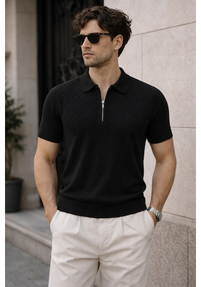 Erkek Fermuarlı Polo Yaka Triko Tişört Slim Fit Dokulu Yazlık Şık Casual Beyaz
