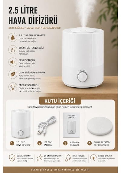 Q3 2.5 Lt Hava Nemlendirici Buhar Makinesi Ultrasonik Difüzör Oda Nemlendirici Hava Nemlendiricisi