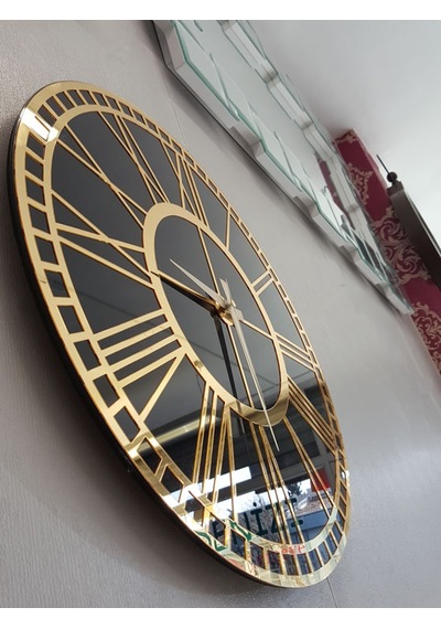 Ayna Denizi Golden Black Model Altın Siyah Renk 50 Cm Dekoratif Aynalı Duvar Saati Siyah