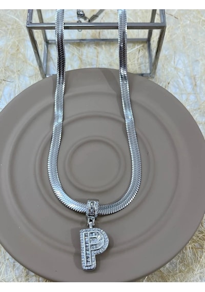 Premium Gümüş Renk Parlak Taşlı 316l Çelik P Harf Kolye 45cm Uzunluk