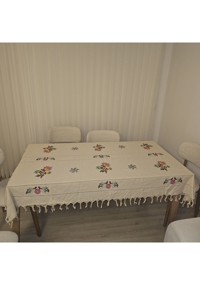 Çiçek Desenli El Baskısı El Boyaması Masa Örtüsü 150x210 Beyaz