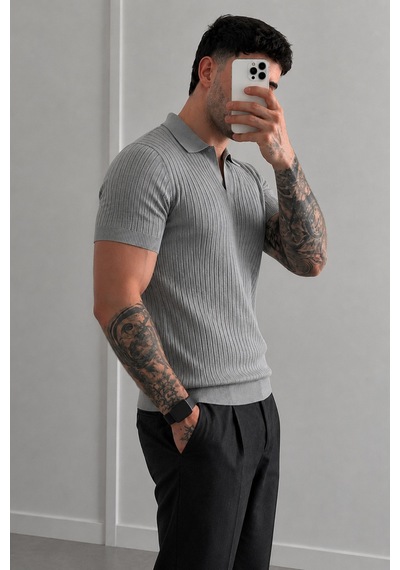 Tarz Cool Premium Fitilli Triko Polo Yaka Erkek Old Money T-shirt Gri