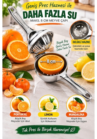 Büyük Boy Döküm Metal Narenciye Sıkacağı Portakal Limon Manuel Meyve Suyu Presi 23 Cm Çelik Renk Tip Gümüş