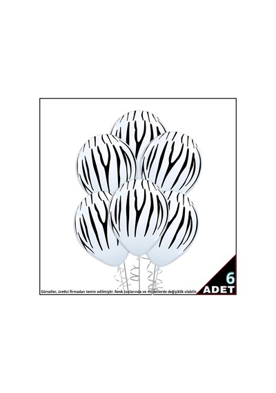 Zebra Baskılı Beyaz Balon, 30cm x 6 Adet
