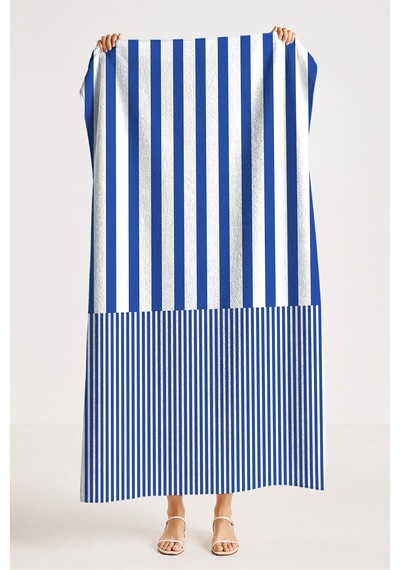 Çizgili Marine Mavi Beyaz Plaj Havlusu - Minimalist Nautical Modern Hızlı Kuruyan Mikrofiber Havlu Çok Renkli