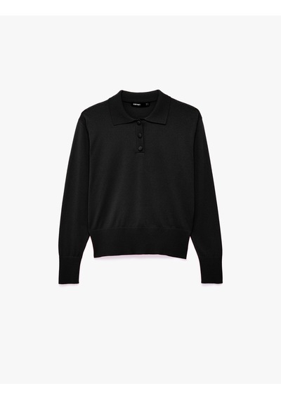 Koton Regular Fit Uzun Kollu Yarım Düğmeli Polo Yaka Triko Kazak Siyah 7wak90281ht
