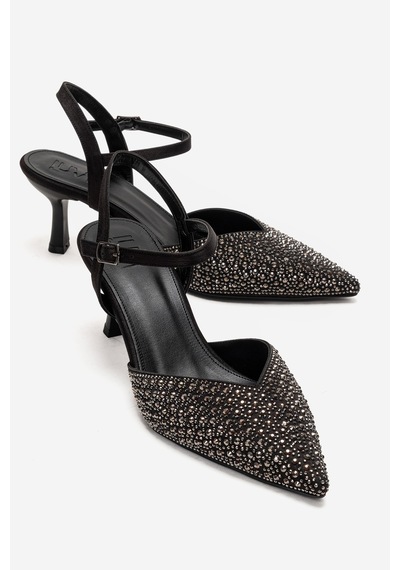 Luvishoes Vilka Siyah Saten Taşlı Sivri Burun İnce Topuklu Abiye Ayakkabı