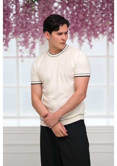 Advante Slimfit Kolları Lastikli Likralı Desenli Bisiklet Yaka Triko T-shirt Kemik
