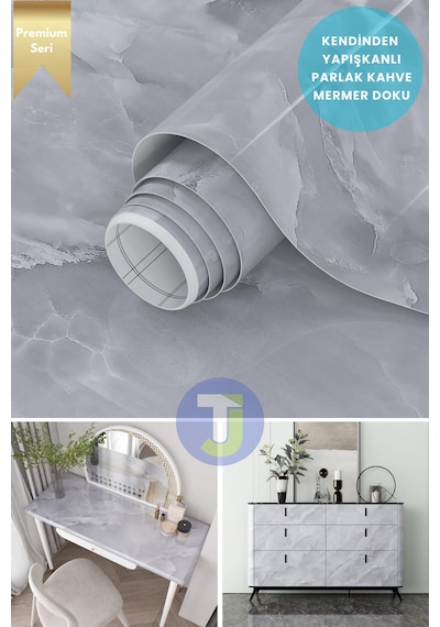 Technojet Kendinden Yapışkanlı Mermer Desen Folyo Mutfak Banyo Tezgah Duvar Kaplama 60cmx500cm Açık Gri