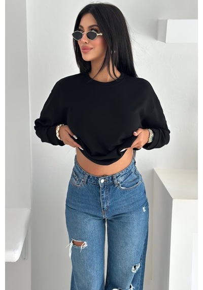 Femelle Siyah Modal Kumaş Basic Sweatshirt