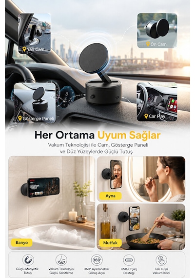 Güçlü Vakumlu 360 Ayarlanabilir Manyetik Araç İçi Telefon Tutucu Siyah