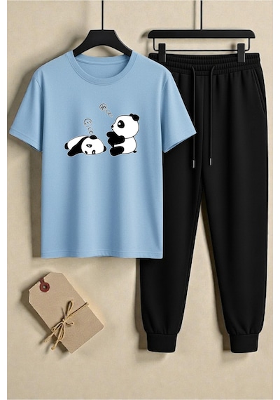 Uyguntarz Unisex Sleep Panda Baskılı Tasarım Tişört - 2'li Eşofman Takımı Bebe Mavi