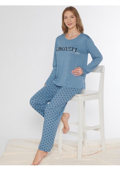 Uzun Kol Pijama Takımı Viskon Alperi 790-87 İndigo