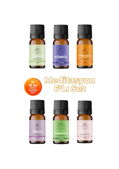 Meditasyon Oda Kokusu 6'lı Set- Doğal Esansiyel Uçucu Yağ, Difüzör Esansı, Buhurdanlık Yağı Karışık