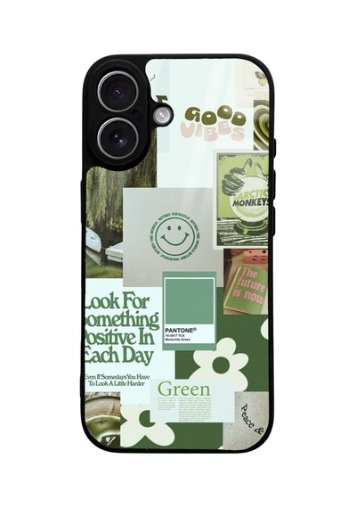 Apple Uyumlu iPhone 17 Uyumlu Green Sticker Tasarımlı Glossy Telefon Kılıfı Çok Renkli