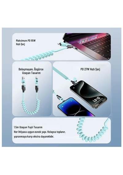 Usb Type C Lightning 4'ü 1 Arada 65w Pd Hızlı Şarj Data Kablosu 1.5m Spiral Çevirici