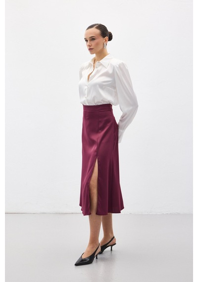 Sateen Yırtmaçlı Saten Etek - Mürdüm-136724 Mürdüm