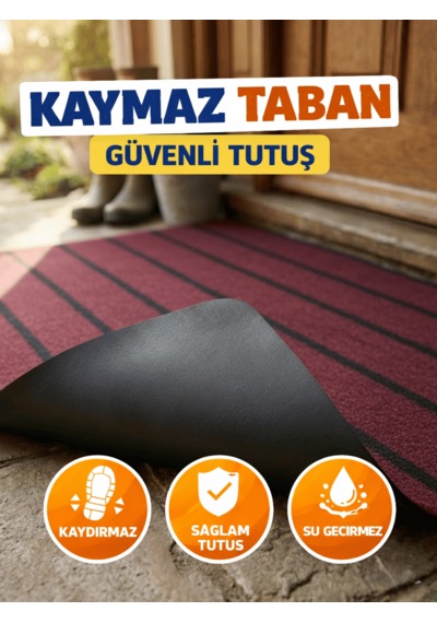 Beylini Şerit Desenli Kapı Önü Paspası Kaymaz Taban Dayanıklı Su Geçirmez Emici Nem Toz Uv Dayanıklı 45x70cm Bordo