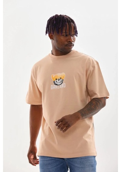 Erkek Baskılı T-shirt Kısa Kol Bisiklet Yaka Rahat Kalıp Tişört - Bej Bej