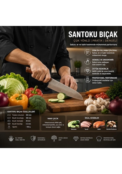 N690 Çelik Santoku Ve Guyuto Bıçak Seti 2 Parça Profesyonel Şef Bıçağı, Özel Tasarım Ceviz Sap, Premium M Genel