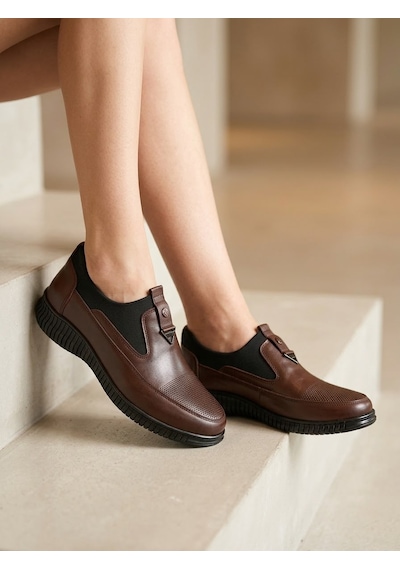 Beren Hakiki Deri Siyah Kadın Ayakkabı Ortopedik Taban Bağcıksız Comfort Casual Günlük Sneaker Kahverengi