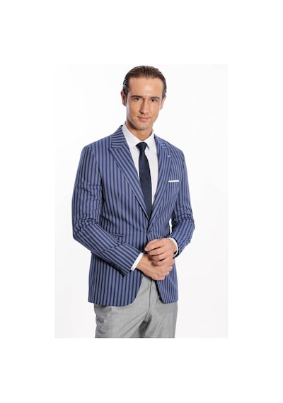 Wessi Çizgili Slim Fit Mavi Erkek Ceket Siyah